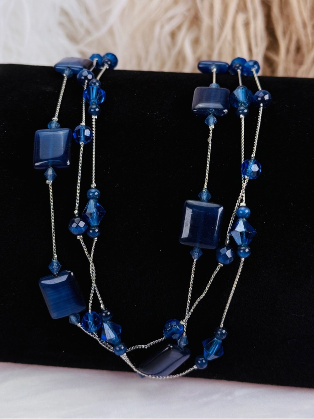 Beautiful, three strand silvertone and blue, Lia Sophia costume necklace